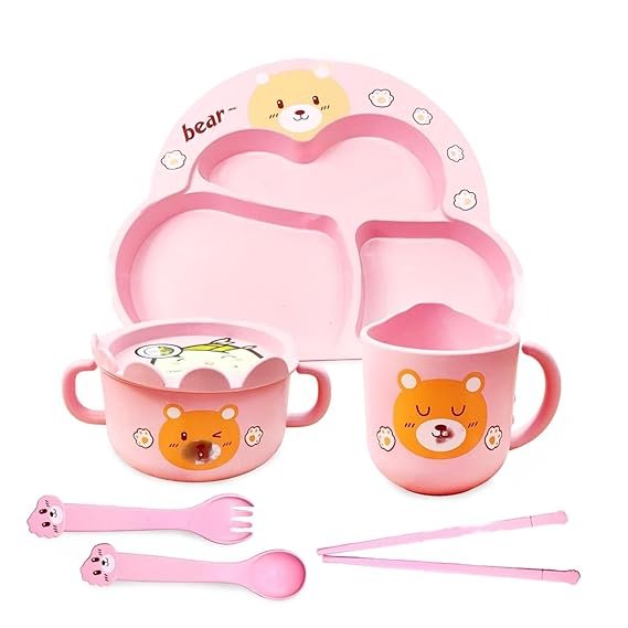 Feeding Set for Kids, Cartoon Design Plate, Bowl, Cup, Spoon, Fork and Chopsticks, Tableware Cutlery for Kids