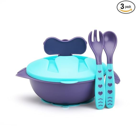 Baby Feeding Bowl with Lid, Suction Cup, Spoon & Fork Set, for Feeding & Weaning,