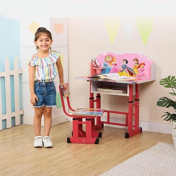 Study Table and Chair Set, Height Adjustable Desk with Princess Theme Design, Red Metal Frame, for Ages 5-12 Years