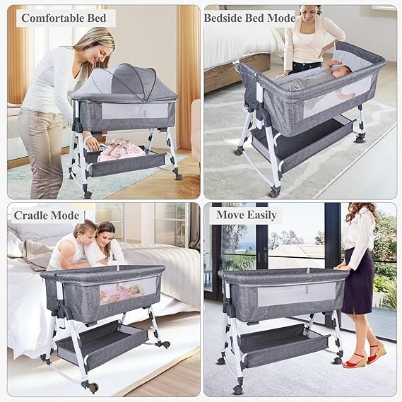 GYBest Bedside Bassinets for Baby, Baby Bassinet Cradle with Storage Basket & Wheels, Bedside Sleeper for Baby, Adjustable Height Baby Portable Bedside Crib with Protective Net for Baby Infant