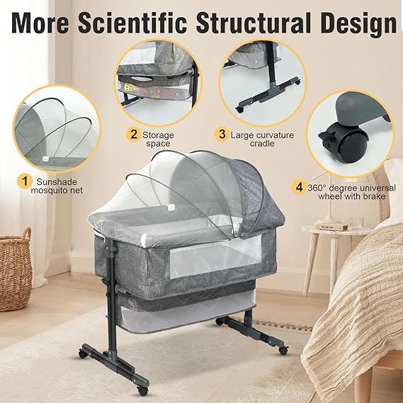 SKY-TOUCH Baby Bedside Crib Adjustable, Baby Cradle With Large Storage Basket, Travel Crib with Mattress Breathable Net,Mosquito Net Detachable, Soft Mattress 360°Swivel Wheels, for Infants Newborn