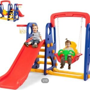 3 in 1 Children's Fun Center with Slip Swing and Basketball Basket for Outdoor Indoor Garden Game for Girls and Boys