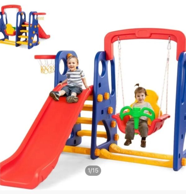 3 in 1 Children's Fun Center with Slip Swing and Basketball Basket for Outdoor Indoor Garden Game for Girls and Boys