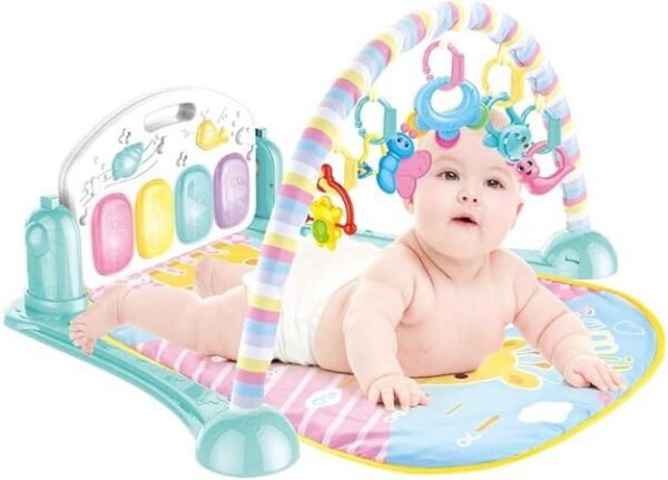 Baby Gym Play Mat with Musical Piano Keyboard Hanging Rattles Tummy Time Floor Cushion Fun Activity Play Center Indoor Outdoor Toys for Infants and Toddlers
