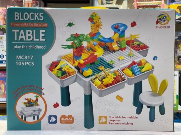 Kids Activity Table and Chair Set, All-in-One Multi Activity Table with Storage, 105pcs Large Building Blocks Compatible with Classic Bricks, Learn Table Water Table Sand Table for Boys Girls
